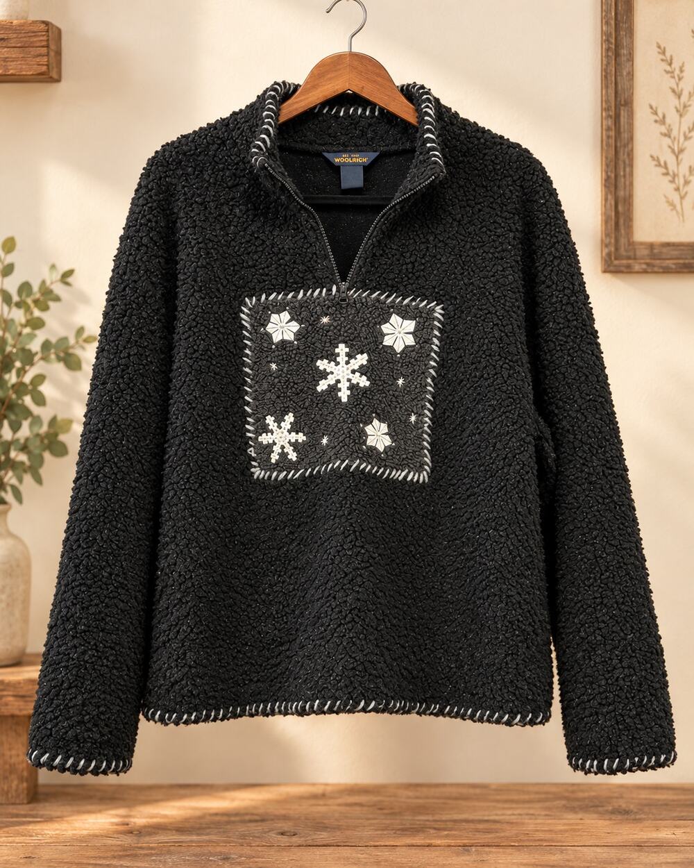 Woolrich Black Sherpa Fleece Pullover Snowflake Patch Quarter Zip Preloved
